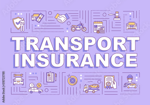 Transport insurance word concepts banner. Vehicle repair from collision. Infographics with linear icons on purple background. Isolated typography. Vector outline RGB color illustration