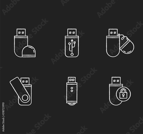 USB flash drive chalk white icons set on black background. Compact data storage device. Memory stick. Thumb drive, key. Small portable electronic gadget. Isolated vector chalkboard illustrations