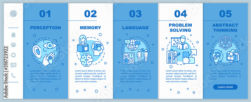 Cognitive processes onboarding vector template. Mental health. Problem solving. Perception and memory. Responsive mobile website with icons. Webpage walkthrough step screens. RGB color concept