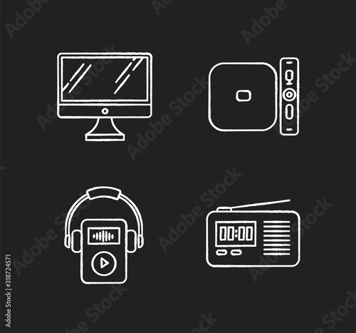 Mobile devices chalk white icons set on black background. Electronic gadgets. Desktop computer, MP3 player. Radio set, media player. Compact digital tools. Isolated vector chalkboard illustrations