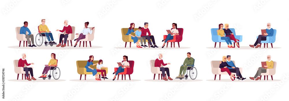 Psychology consultation flat vector illustrations set. Private and ...