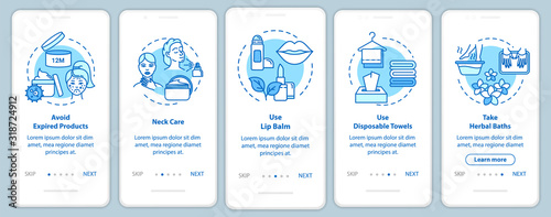 Skicare onboarding mobile app page screen with concepts. Cosmetic products. Cosmetology and beauty walkthrough 5 steps graphic instructions. UI vector template with RGB color illustrations