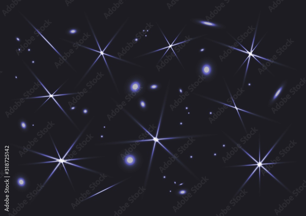 Fototapeta premium Space sparks and stars shine, special light effect, silver magical elements on dark background. Starry night sky. Vector illustration