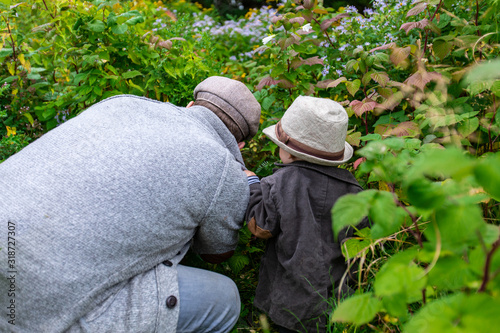 Rear view of father and son wearing cap and sun hat while picking fresh green plants in park during springtime on a bright day
