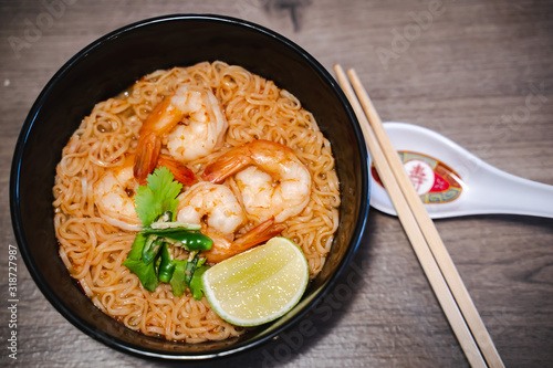 Spicy instant thai style noodles soup with shrimp (tom yum kung) 