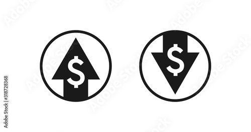 Dollar rise and fall icons. Money symbol with down and up arrow vector design.