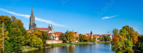 Panorama der Stadt Ulm mit Münster und Donauwiesen, Baden-Württemberg, Deutschland 