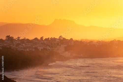 View from Bidart and Getaria towns in the basque coast and Aiako Harriak mountain at the back, at the Basque Country.