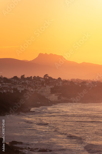 View from Bidart and Getaria towns in the basque coast and Aiako Harriak mountain at the back, at the Basque Country.