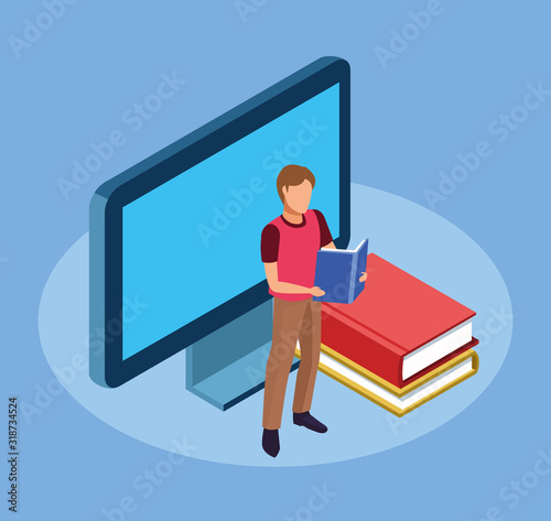 computer, books and man standing reading a book