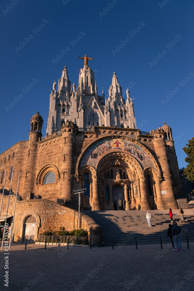 Sagrat Cor church at the top of Collserola mountain range over Barcelona, in Catalogne.
