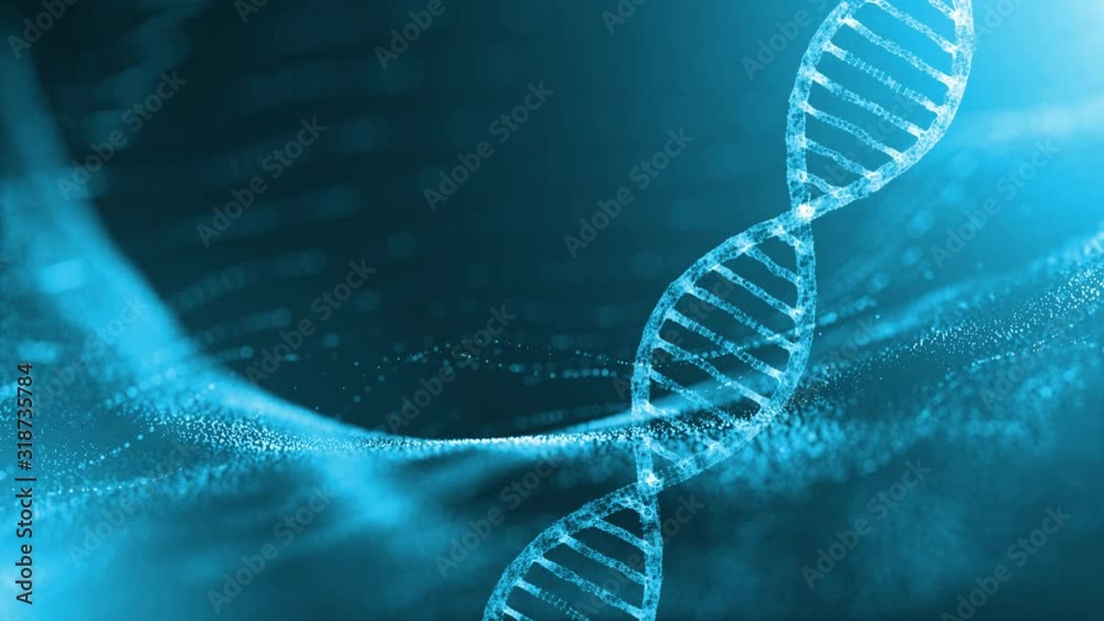 Abstract digital rotating dna molecule on futuristic shiny copy space background.