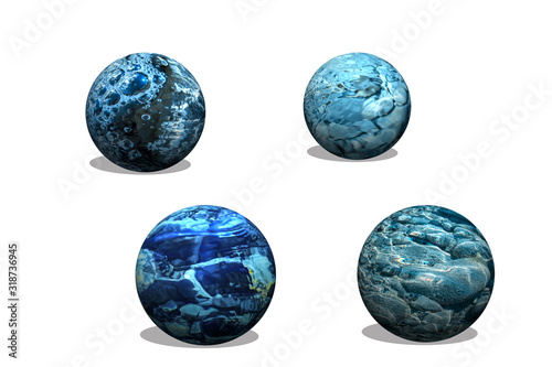 four blue water theme spheres 3D on a white background