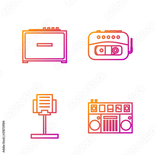 Set line DJ remote for playing and mixing music, Music stand, Guitar amplifier and Music tape player. Gradient color icons. Vector