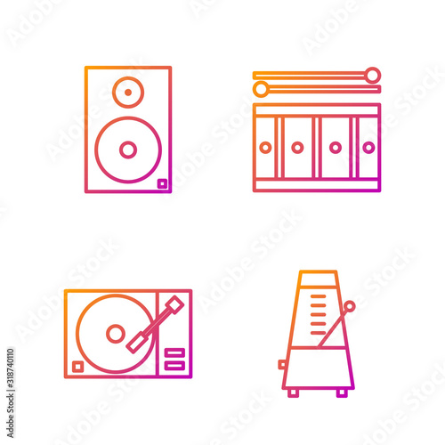 Set line Metronome with pendulum in motion, Vinyl player with a vinyl disk, Stereo speaker and Drum with drum sticks. Gradient color icons. Vector