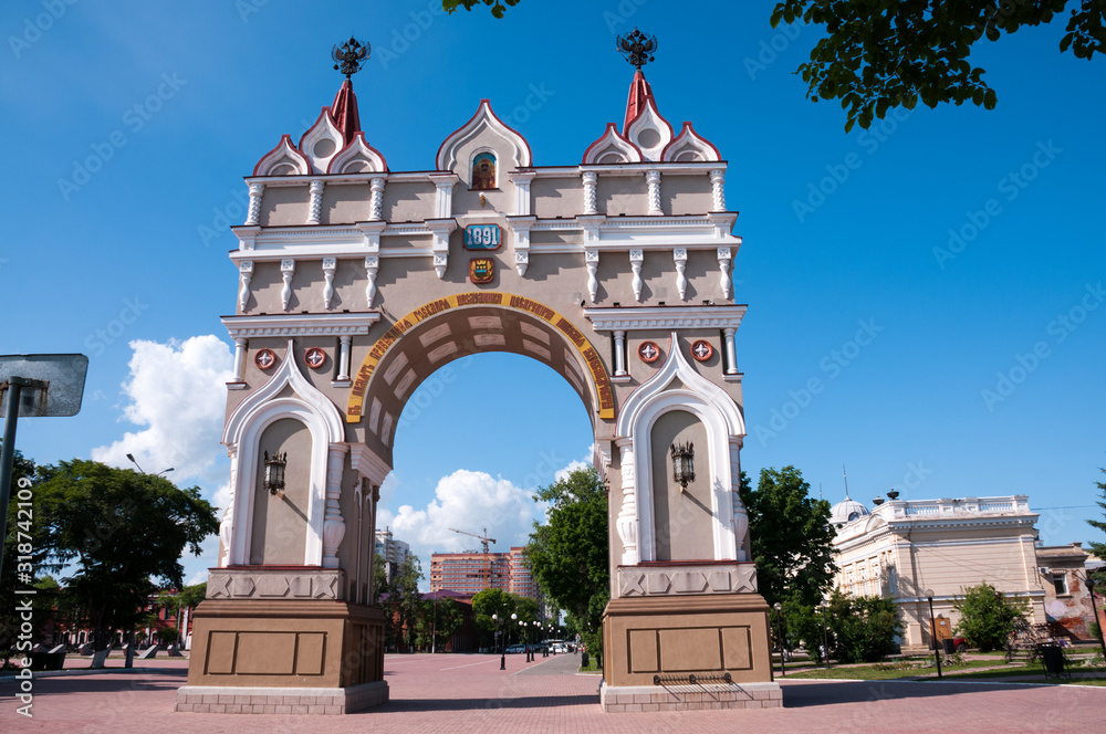 Russia, Blagoveshchensk, July 2019: triumphal arch in honor of Tsarevich Romanov on the embankment of the city of Blagoveshchensk