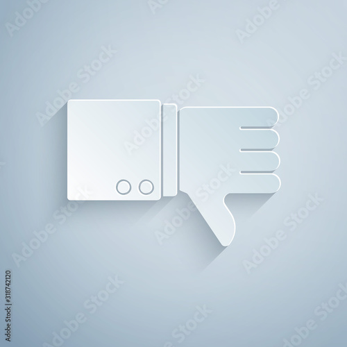 Paper cut Dislike icon isolated on grey background. Paper art style. Vector Illustration