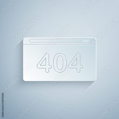 Paper cut Page with a 404 error icon isolated on grey background. Template reports that the page is not found. Paper art style. Vector Illustration