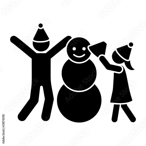Children make a snowman icon. Simple vector pictogram of winter recreation icons for ui and ux, website or mobile application