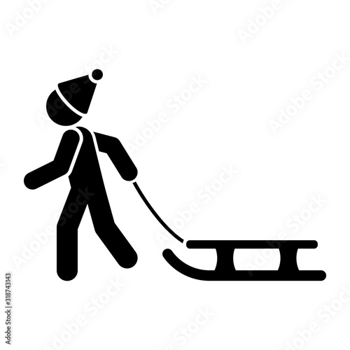 Child with sled icon. Simple vector pictogram of winter recreation icons for ui and ux, website or mobile application
