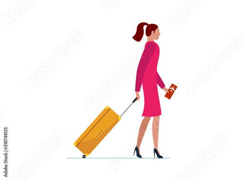 Young woman traveler walking with suitcase and flight ticket. Female in pink dress with luggage bag go boarding to plane. Tourist passenger journey concept vector illustration