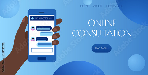 template landing page for medical site. hand holding phone with virtual doctor app on screen. concept for online consultation. vector  flat illustration.Concept for distance medicine. web banner