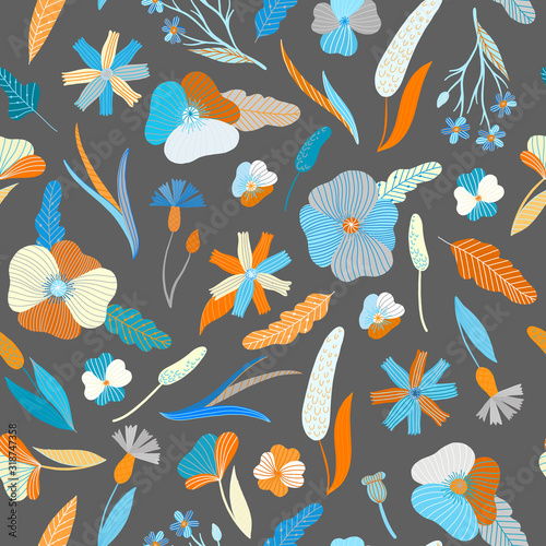 seamless vector pattern of wildflowers  twigs and leaves of plants on a gray background in Scandinavian style. orange and blue colors. ideal for fabric  Wallpaper and wrapping paper