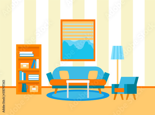 modern living room in flat style. interior with furniture and equipment. vector illustration. sofa, coffee table, chair, lamp