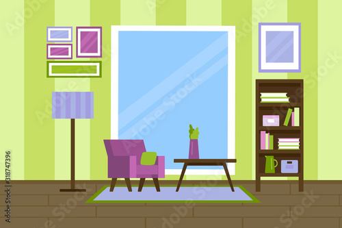 modern living room in flat style. interior with furniture and equipment. vector illustration.armchair, coffee table, lamp, bookcase, window