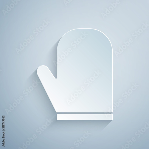 Paper cut Oven glove icon isolated on grey background. Kitchen potholder sign. Cooking glove. Paper art style. Vector Illustration
