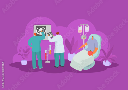 Doctors oncologists treat cancer virus patient vector illustration. People physicians working in medical clinic or hospital. Ill man lies under dropper on chemotherapy. Healthcare, x-ray, test tubes.