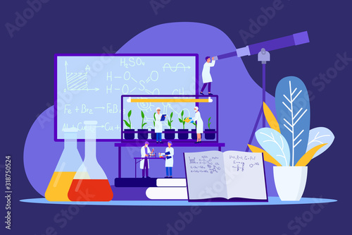 Scientists researchers antivirus vaccine search work in laboratory vector illustration. People with flasks and test tubes. Man astronomer with telescope. Chemical, physical, biological sciences.