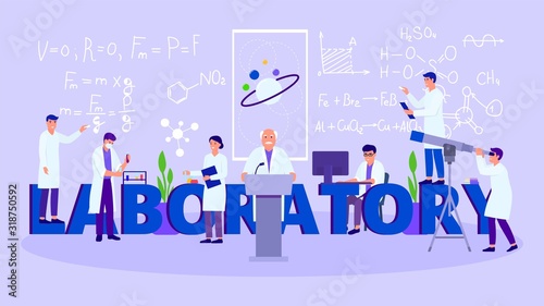 Laboratory and people scientists teamwork vector illustration. Chemical, physics formulas, astronomer with telescope, students with tubes and by computer, professor lecturer. Lettering laboratory.