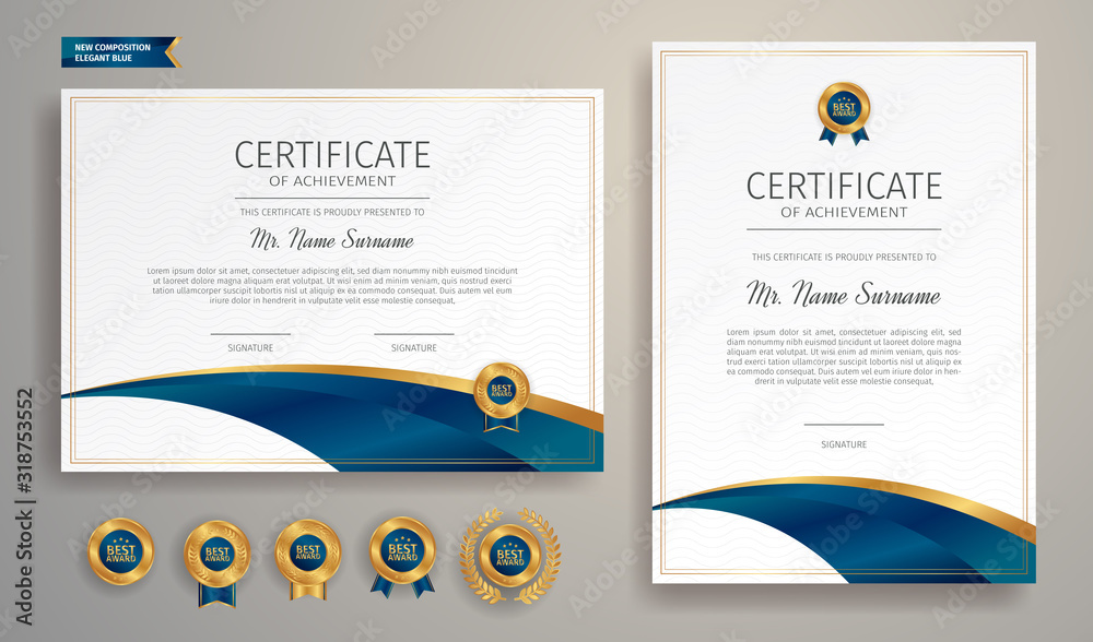 Simple blue and gold certificate of achievement template with gold ...