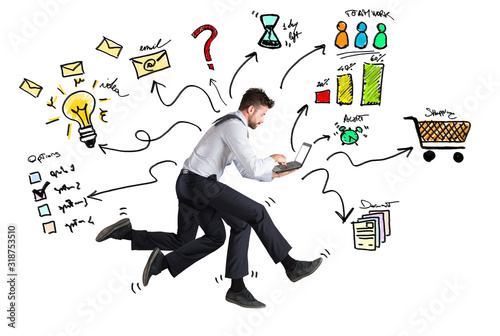 Businessman with four legs runs with too many tasks on laptop. Concept of stress and overwork photo