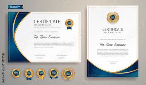 Simple blue and gold certificate of achievement template with gold badge and border
