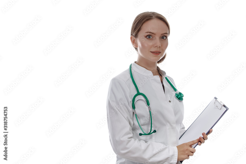 Medicine Ideas. Portrait of Positive Professional Doctor Posing With Endoscope and Folder Against White. Medicine Ideas. Portrait of Positive Professional Doctor Posing With Endoscope and Folder Against White.
