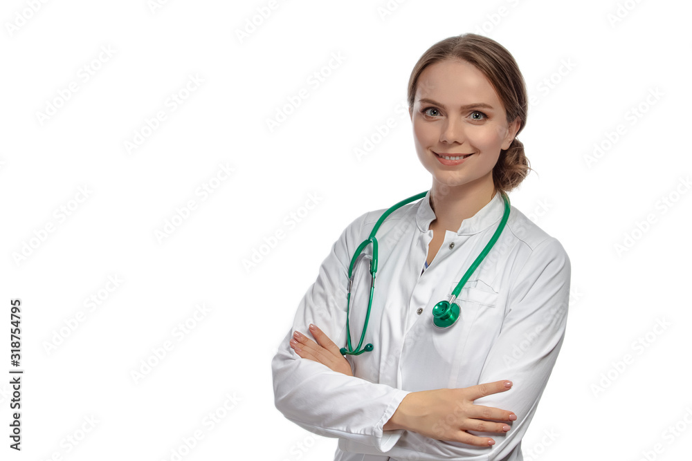Portrait of Smiling Happy Professional GP Doctor Posing With Endoscope Against White. Portrait of Smiling Happy Professional GP Doctor Posing With Endoscope Against White.