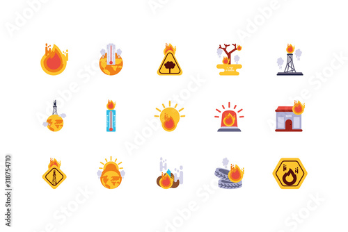 Climate change global warning and pollution icon set vector design