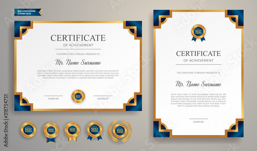 Elegant blue and gold certificate of achievement template with gold badge and border