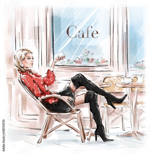 Canvas Print Hand drawn beautiful young woman sitting in Paris street cafe