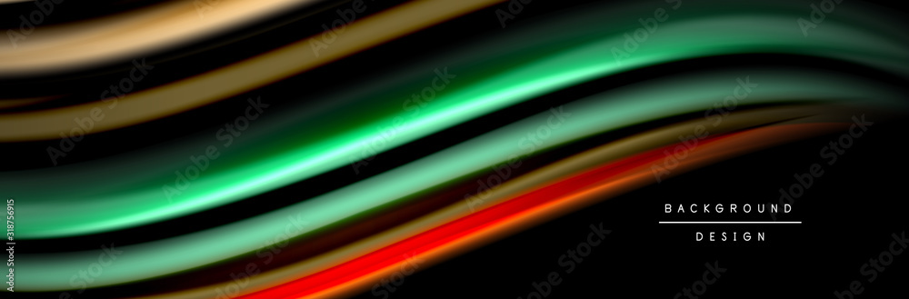 Silk and smooth flow wave poster design. Color waves, liquid style lines and shapes in black color background Silk and smooth flow wave poster design. Color waves, liquid style lines and shapes in black color background