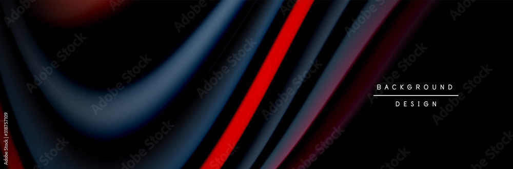Fototapeta premium Сolorful flow poster. Wave liquid lines and shapes in black color background. Vector Illustration