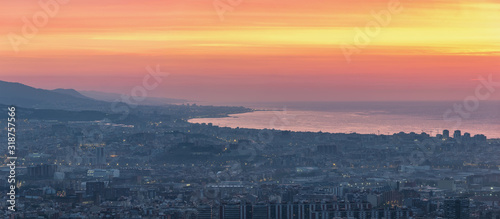 Barcelona Spain, aerial view sunrise city skyline at city center and Barcelona Harbor