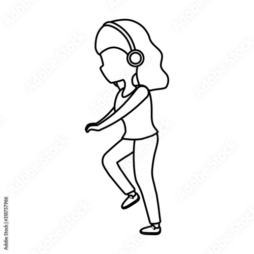 young woman with headphones listening music thick line