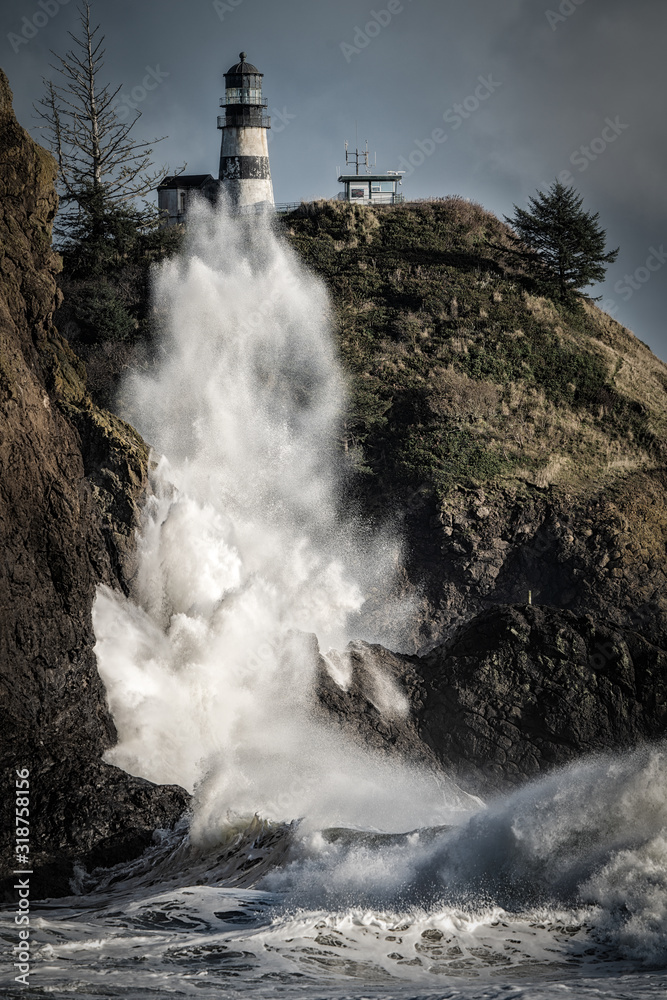Massive Wave Crashing - Washington Coast Lighthouse