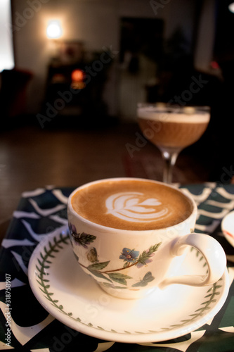 Vinatage cafe. cup of coffee on wood table. Latte. Latte Art.
