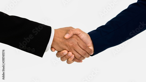 hands of businessmen in business suit having handshake after success of making deal isolated on white background with clipping path