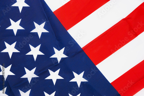 US American flag on white background. For USA Memorial day, Memorial day, Presidents day, Veterans day, Labor day, Independence day, or 4th of July celebration. Top view, copy space for text.
