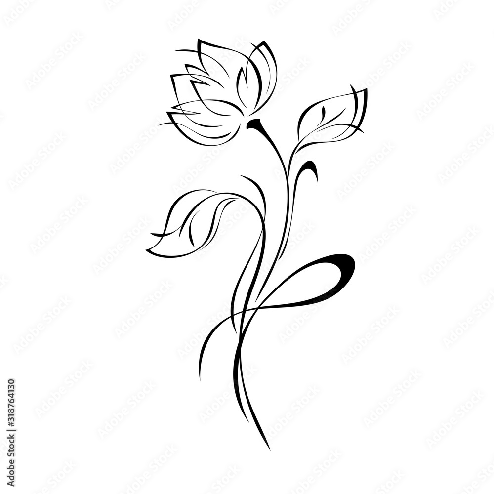 ornament 1014. one stylized flower Bud on a curved stem with leaves and curls in black lines on a white background ornament 1014. one stylized flower Bud on a curved stem with leaves and curls in black lines on a white background